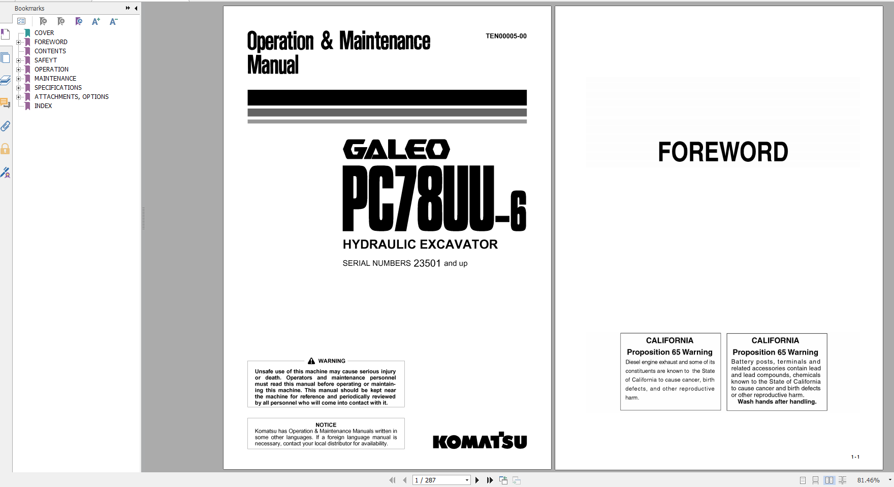 Komatsu Hydraulic Excavator Galeo PC78UU 6 Operation Maintenance Manual TEN00005 00 2004