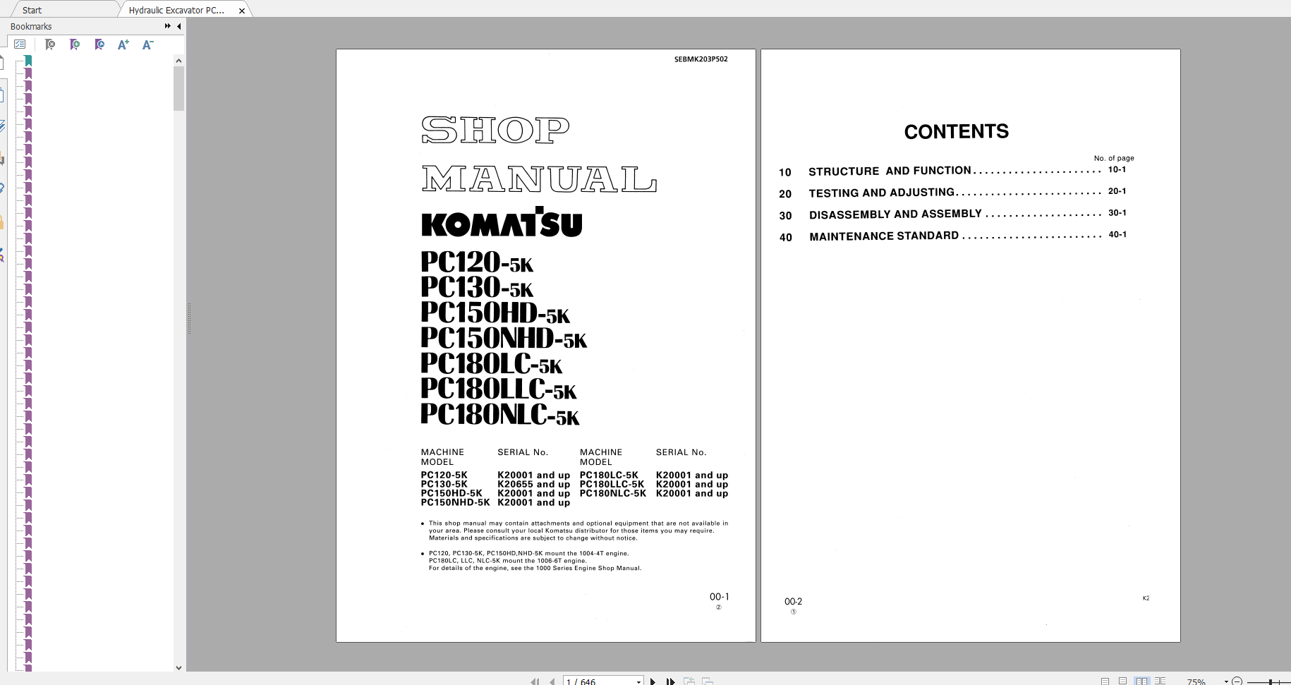 Komatsu Hydraulic Excavator PC120 5K PC130 5K PC150HD 5K PC150NHD 5K PC180LC 5K PC80LLC 5K PC180NLC 5K Shop Manual SEBMK203P502