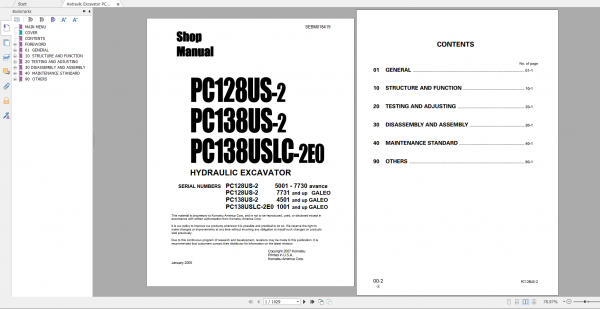 Komatsu Hydraulic Excavator PC128US 2 PC138U 2 PC138USLC 2E0 Shop Manual SEBM018419 2005