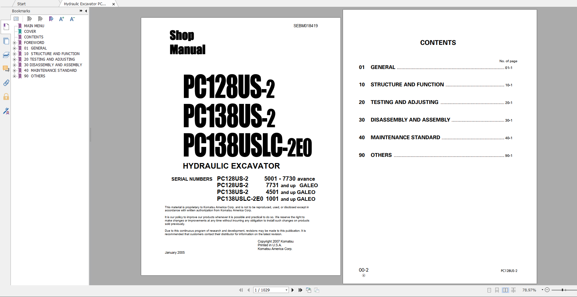 Komatsu Hydraulic Excavator PC128US 2 PC138U 2 PC138USLC 2E0 Shop Manual SEBM018419 2005