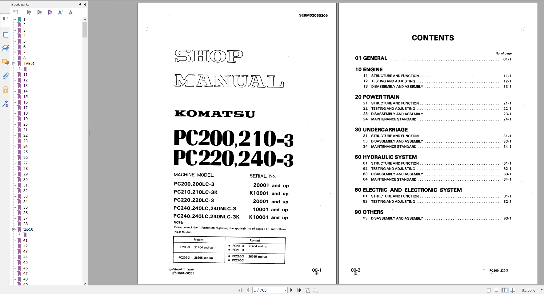 Komatsu Hydraulic Excavator PC200210 3 PC220240 3 Shop Manual SEBM02050309