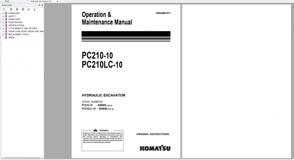 Komatsu Hydraulic Excavator PC210 10 PC210LC 10 Operation Maintenance Manual UENAM01271 2016