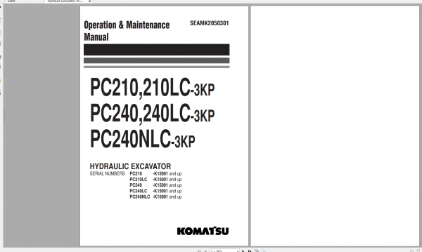 Komatsu Hydraulic Excavator PC210210LC 3KP PC240240LC 3KP PC240NLC 3KP Operation Maintenance Manual SEAMK2050301