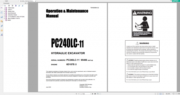 Komatsu Hydraulic Excavator PC240LC 11 Engine 6D107E 3 Operation Maintenance Manual TEN00894 02 2020