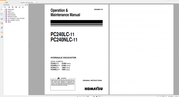 Komatsu Hydraulic Excavator PC240LC 11 PC240NLC 11 Operation Maintenance Manual UENAM01143 2016