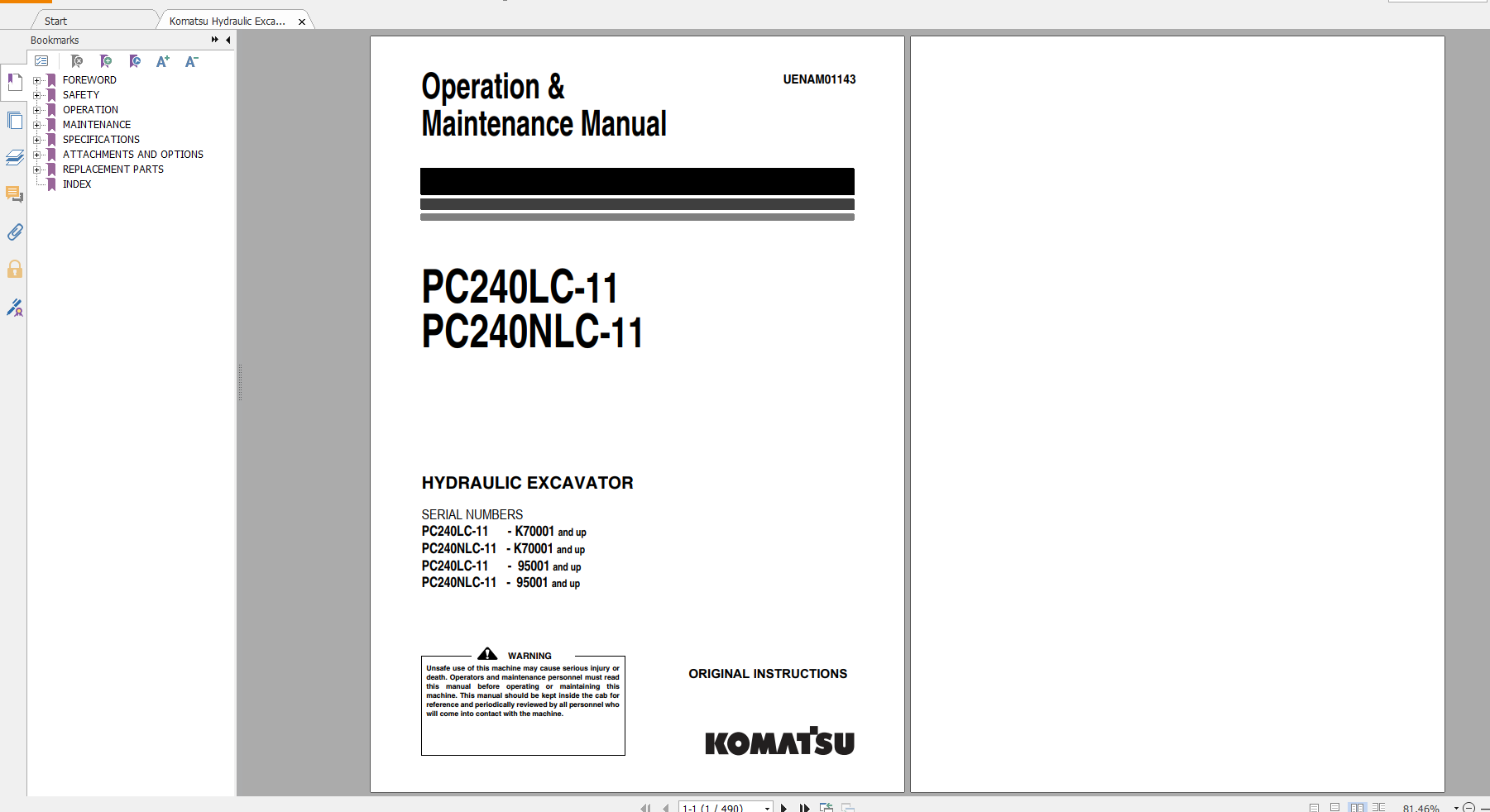Komatsu Hydraulic Excavator PC240LC 11 PC240NLC 11 Operation Maintenance Manual UENAM01143 2016