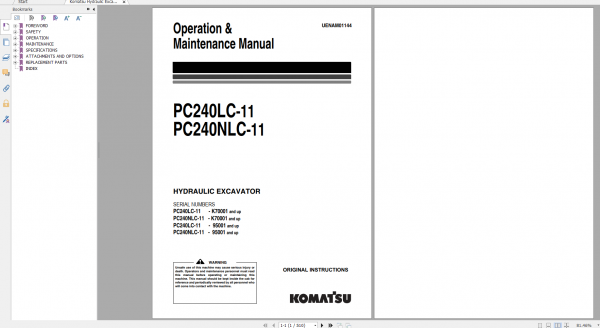 Komatsu Hydraulic Excavator PC240LC 11 PC240NLC 11 Operation Maintenance Manual UENAM01144 2017