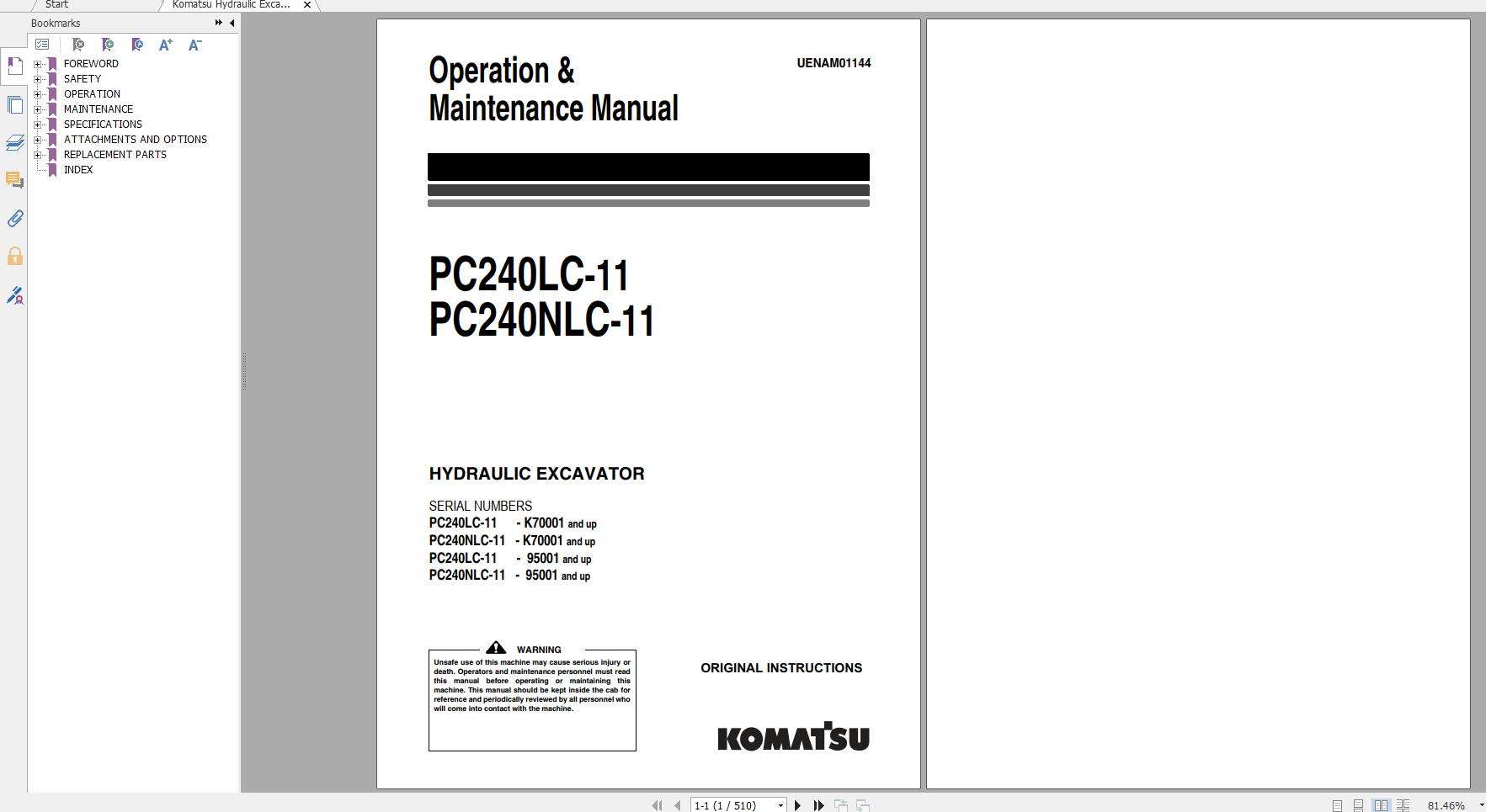 Komatsu Hydraulic Excavator PC240LC 11 PC240NLC 11 Operation Maintenance Manual UENAM01144 2017