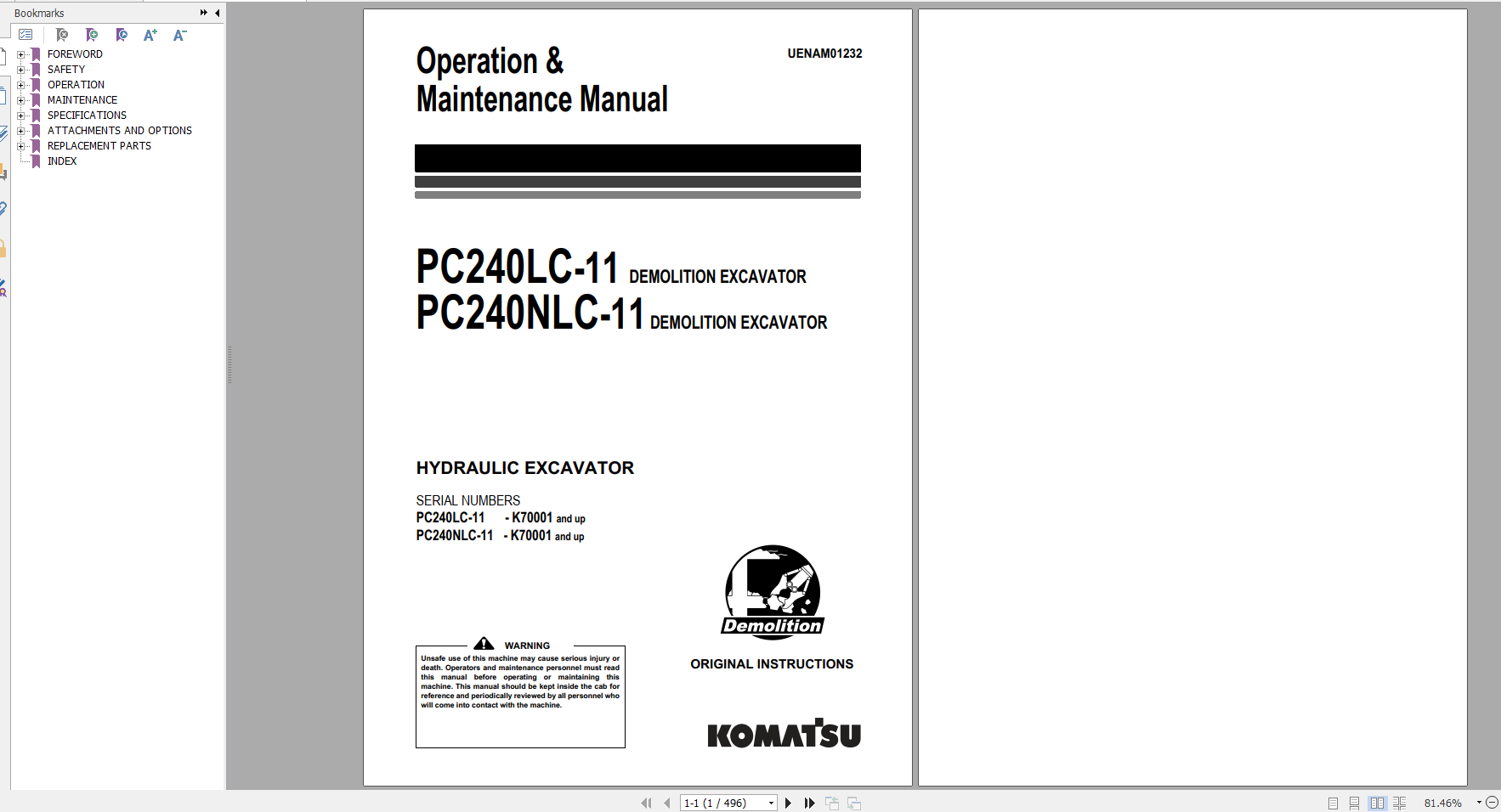 Komatsu Hydraulic Excavator PC240LC 11 PC240NLC 11 Operation Maintenance Manual UENAM01232 2017