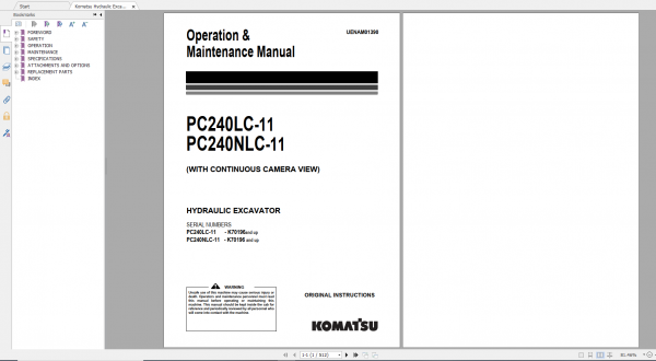 Komatsu Hydraulic Excavator PC240LC 11 PC240NLC 11 Operation Maintenance Manual UENAM01390 2018