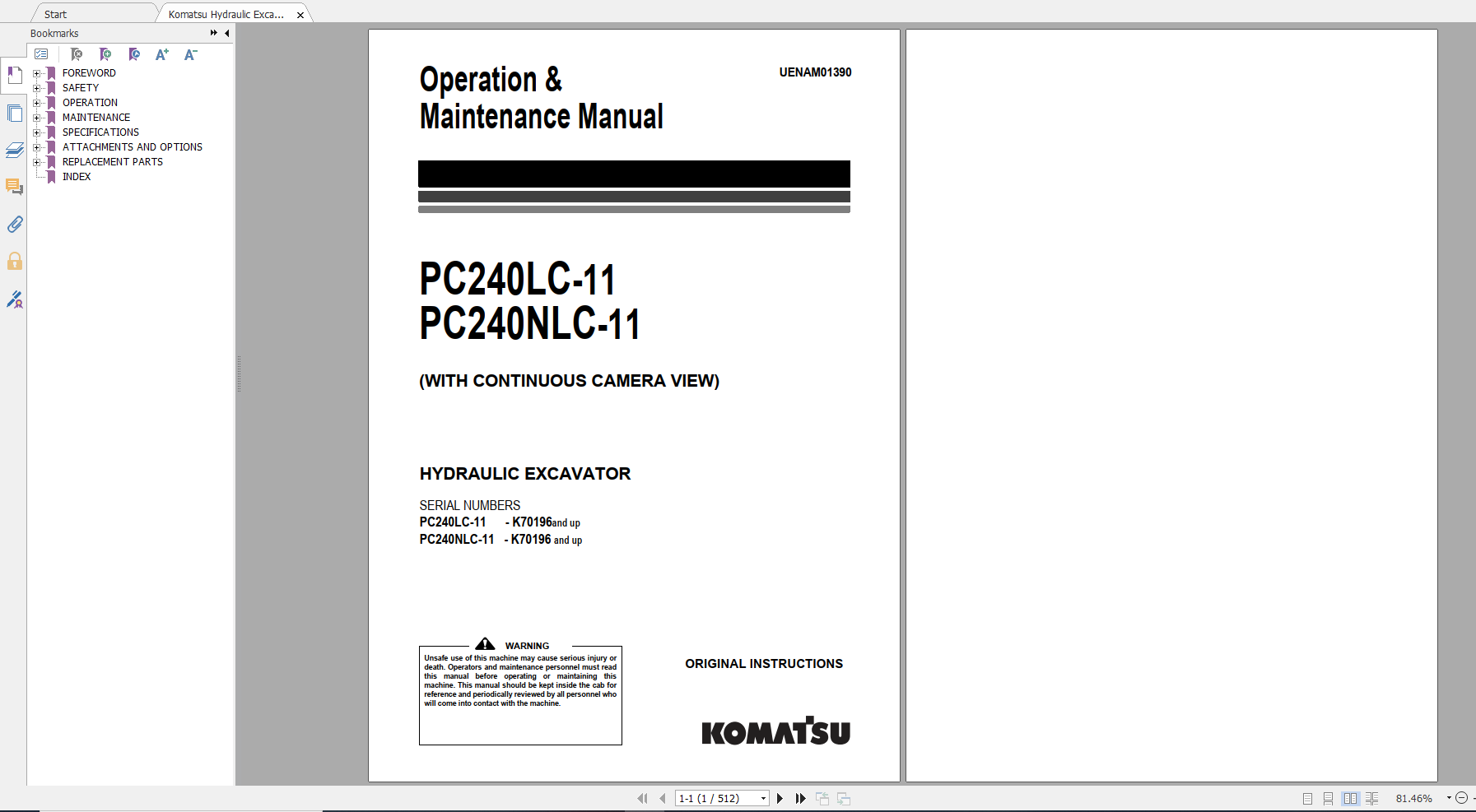 Komatsu Hydraulic Excavator PC240LC 11 PC240NLC 11 Operation Maintenance Manual UENAM01390 2018