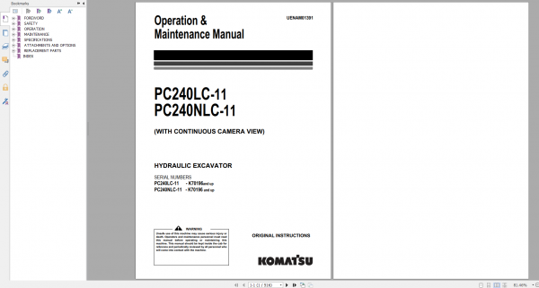 Komatsu Hydraulic Excavator PC240LC 11 PC240NLC 11 Operation Maintenance Manual UENAM01391 2018