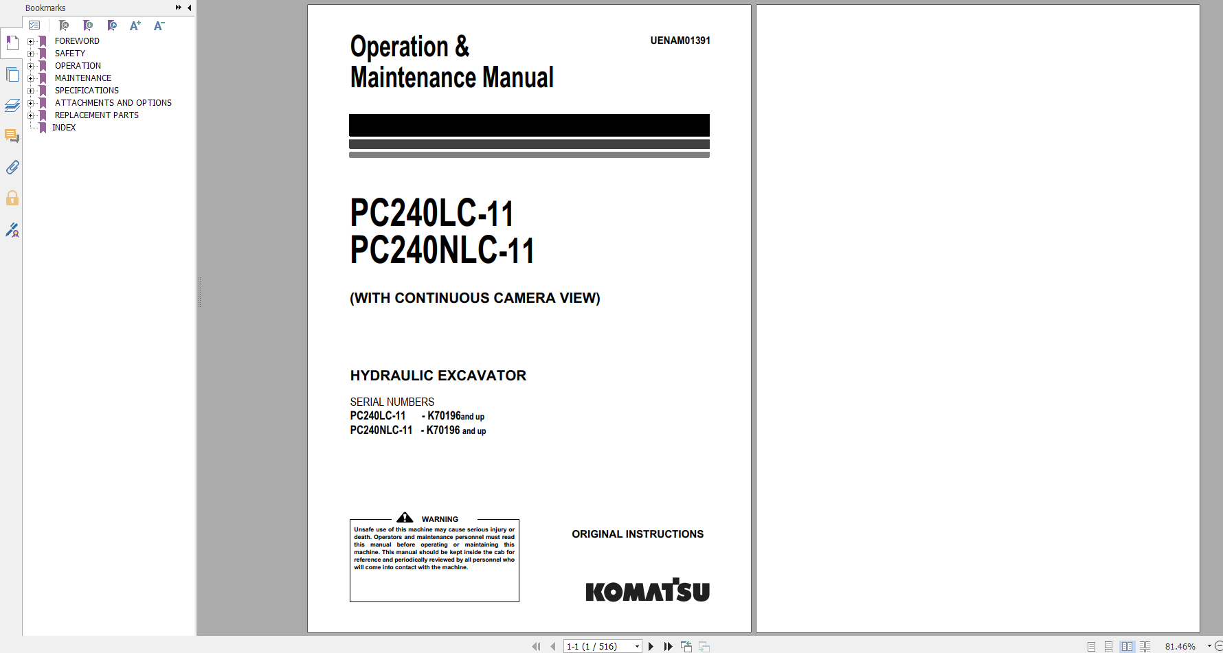 Komatsu Hydraulic Excavator PC240LC 11 PC240NLC 11 Operation Maintenance Manual UENAM01391 2018