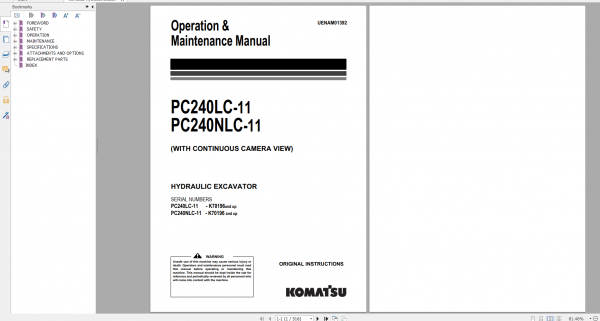 Komatsu Hydraulic Excavator PC240LC 11 PC240NLC 11 Operation Maintenance Manual UENAM01392 2019