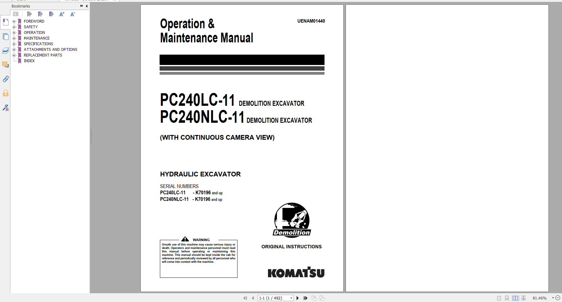 Komatsu Hydraulic Excavator PC240LC 11 PC240NLC 11 Operation Maintenance Manual UENAM01440 2018