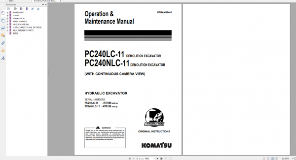Komatsu Hydraulic Excavator PC240LC 11 PC240NLC 11 Operation Maintenance Manual UENAM01441 2018