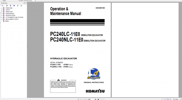 Komatsu Hydraulic Excavator PC240LC 11E0 PC240NLC 11E0 Operation Maintenance Manual UENAM01580 2
