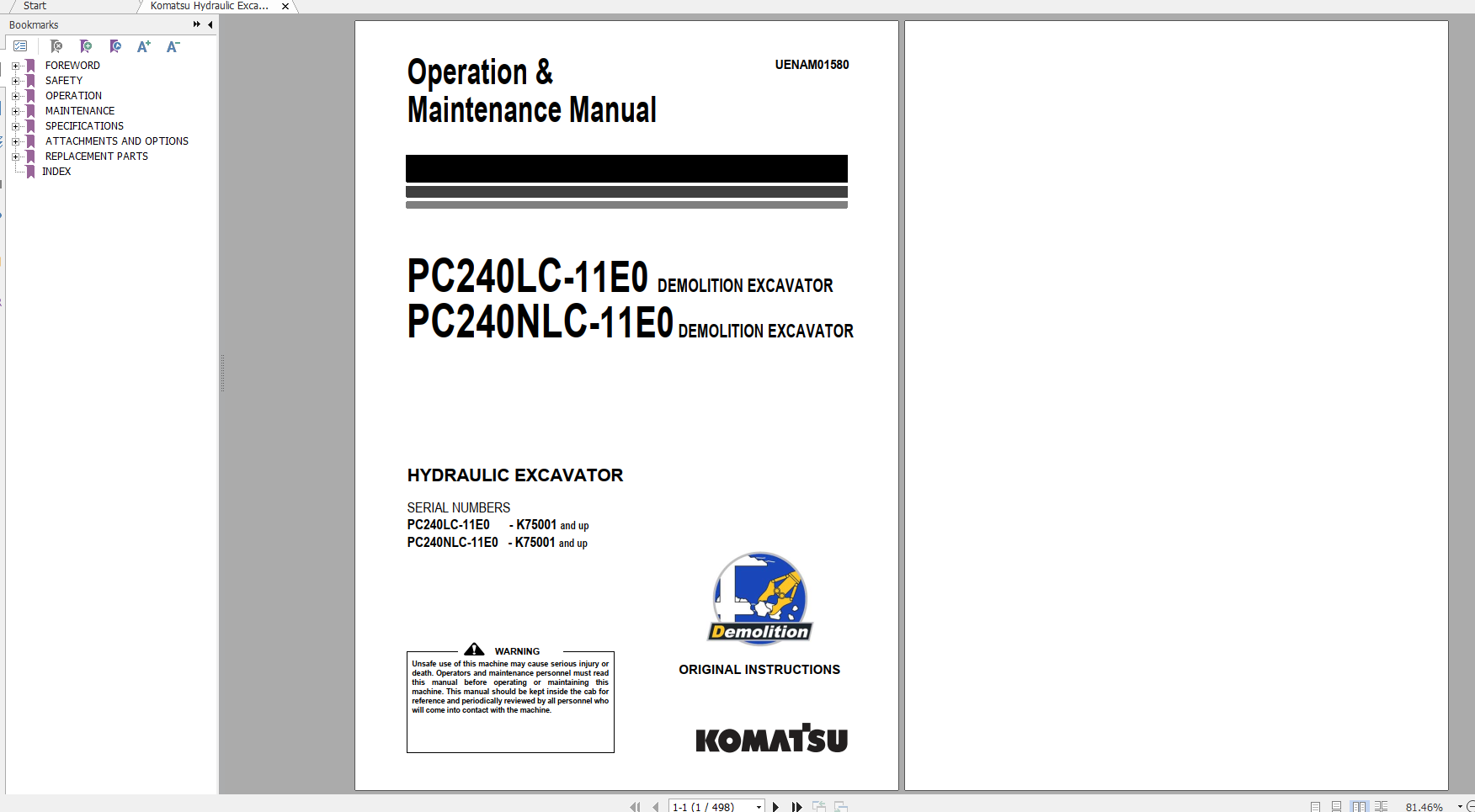Komatsu Hydraulic Excavator PC240LC 11E0 PC240NLC 11E0 Operation Maintenance Manual UENAM01580 2