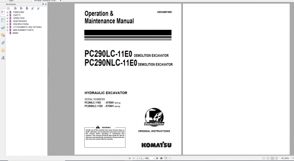 Komatsu Hydraulic Excavator PC240LC 11E0 PC240NLC 11E0 Operation Maintenance Manual UENAM01600 2