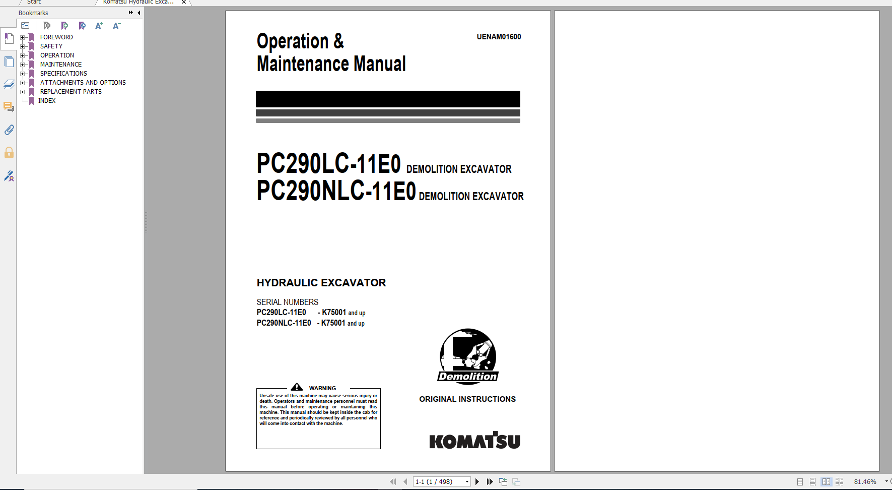 Komatsu Hydraulic Excavator PC240LC 11E0 PC240NLC 11E0 Operation Maintenance Manual UENAM01600 2