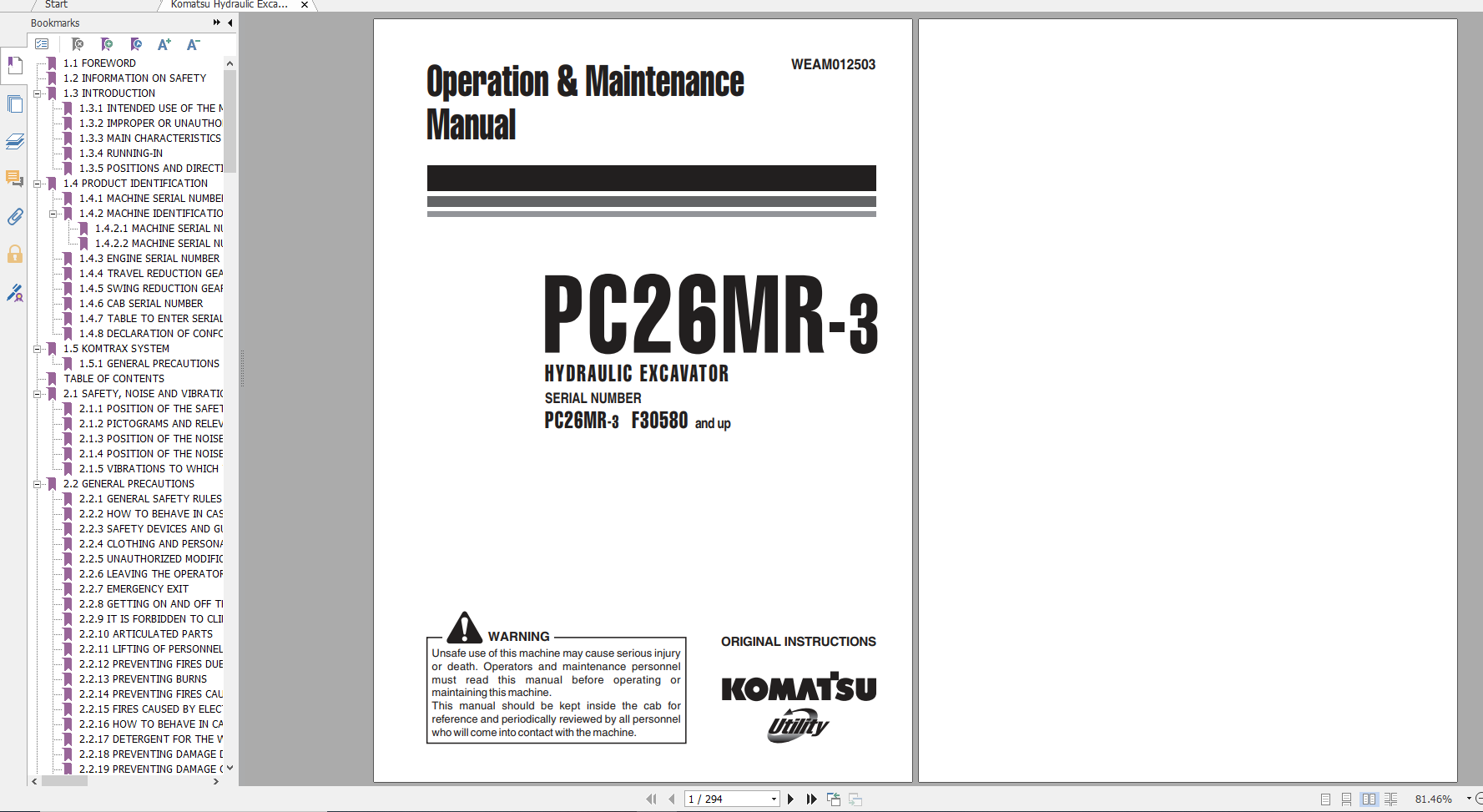 Komatsu Hydraulic Excavator PC26MR 3 Operation Maintenance Manual WEAM012503 2011