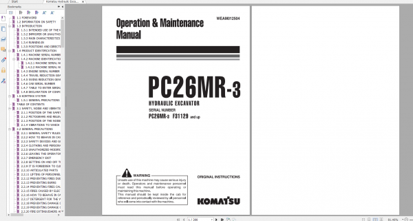 Komatsu Hydraulic Excavator PC26MR 3 Operation Maintenance Manual WEAM012504 2012