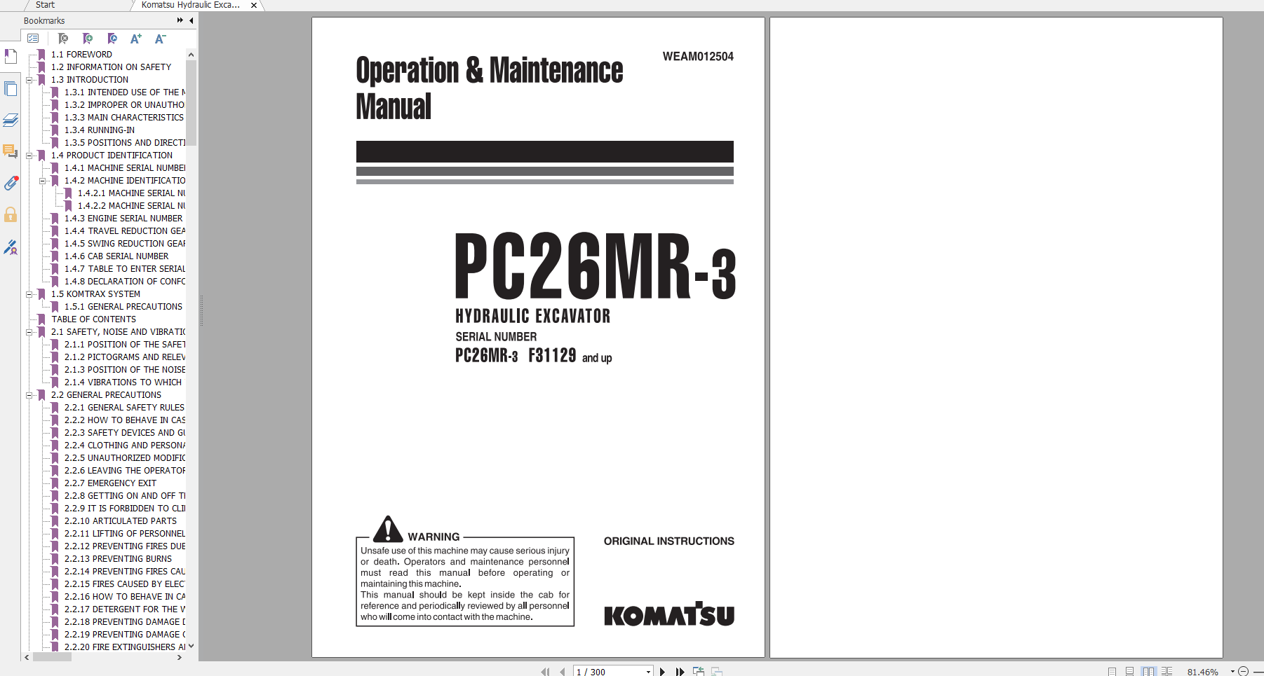 Komatsu Hydraulic Excavator PC26MR 3 Operation Maintenance Manual WEAM012504 2012