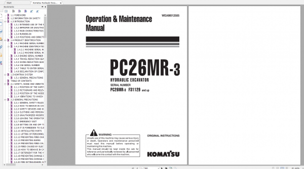 Komatsu Hydraulic Excavator PC26MR 3 Operation Maintenance Manual WEAM012505 2013
