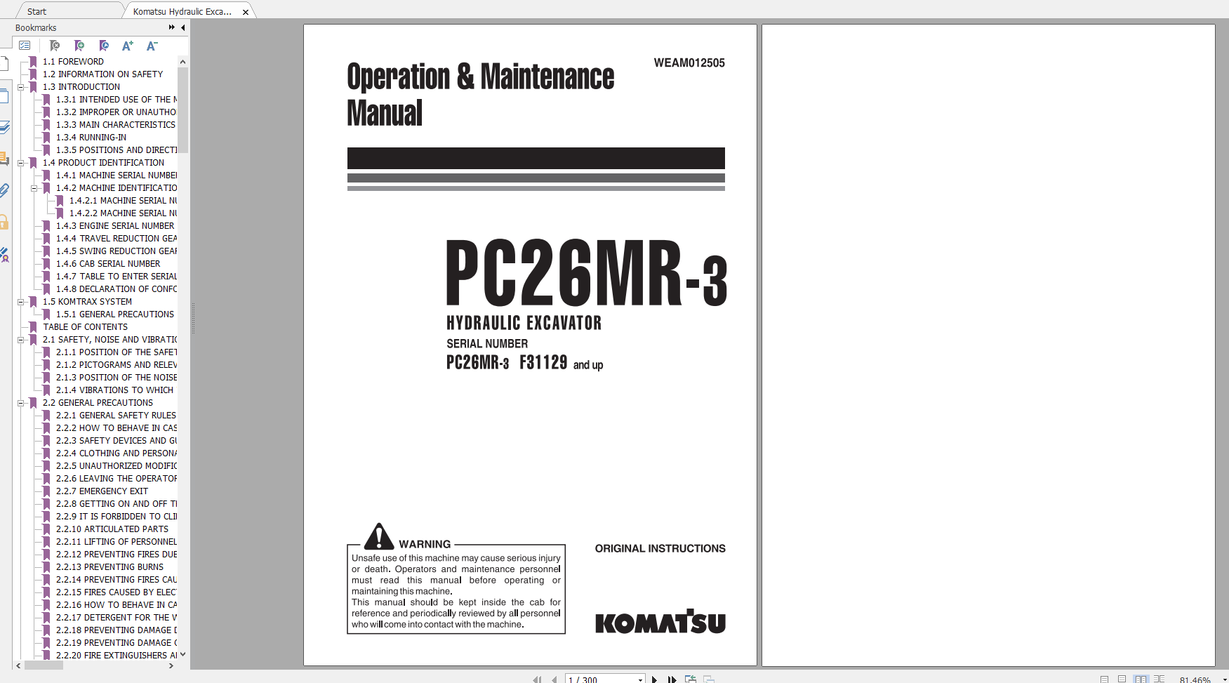 Komatsu Hydraulic Excavator PC26MR 3 Operation Maintenance Manual WEAM012505 2013
