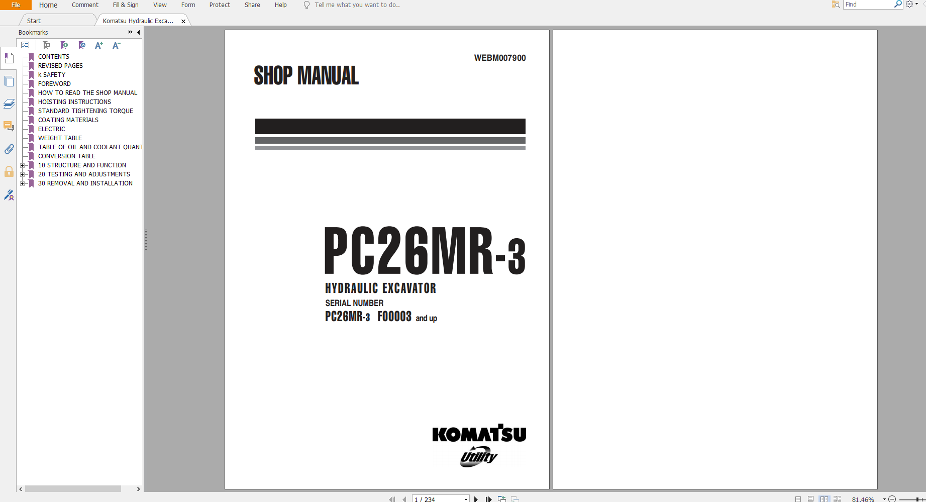 Komatsu Hydraulic Excavator PC26MR 3 Shop Manual WEBM007900 2008