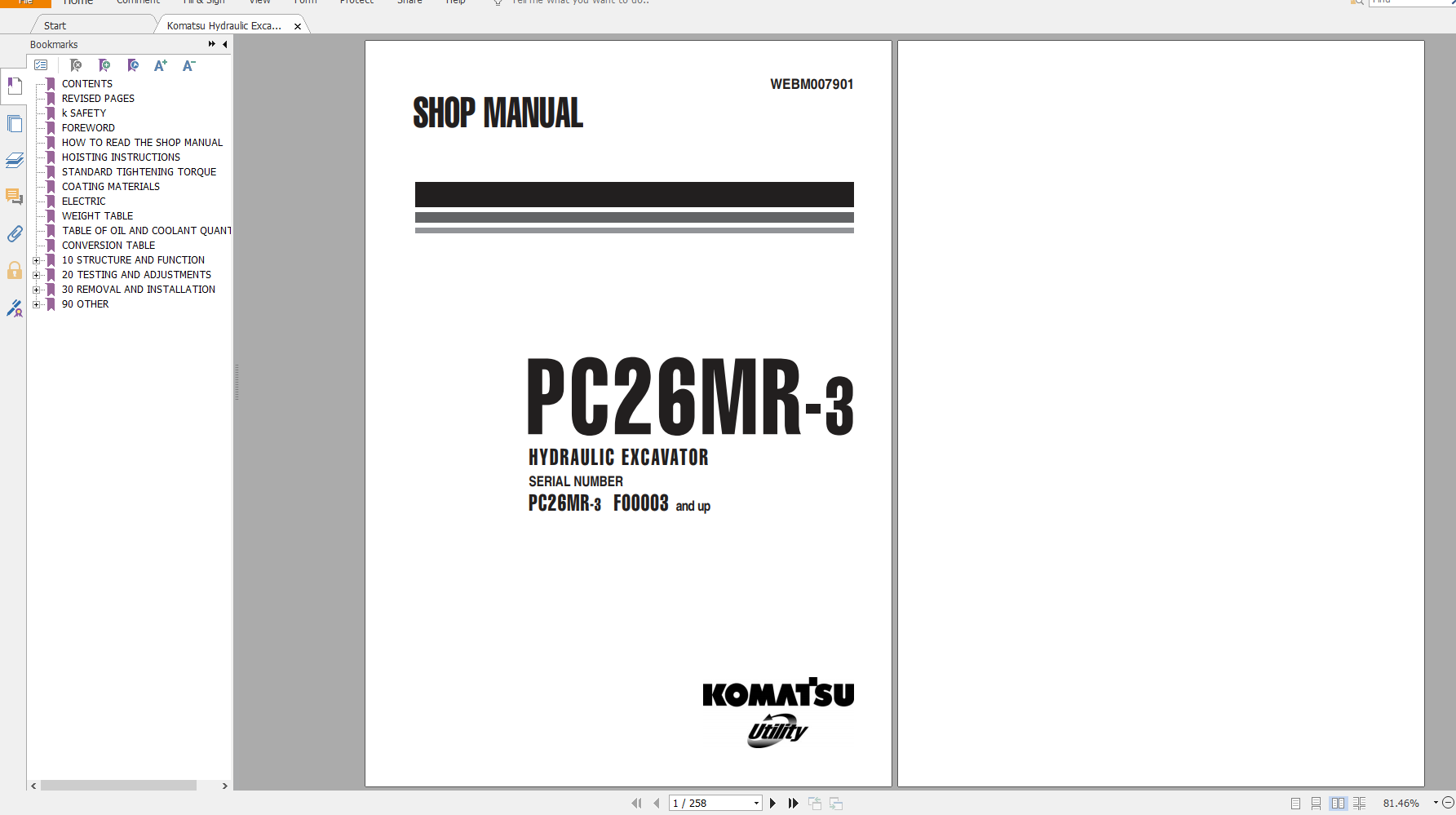 Komatsu Hydraulic Excavator PC26MR 3 Shop Manual WEBM007901 2008