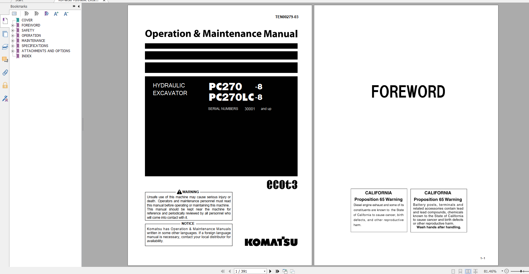 Komatsu Hydraulic Excavator PC270 8 PC270LC 8 Operation Maintenance Manual TEN00279 03 2009