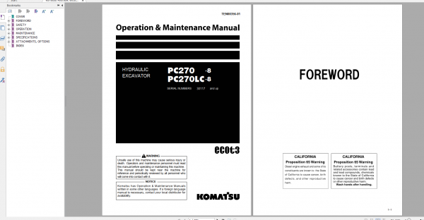 Komatsu Hydraulic Excavator PC270 8 PC270LC 8 Operation Maintenance Manual TEN00356 01 2009