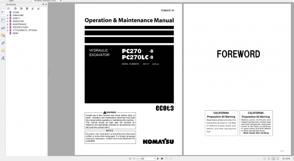 Komatsu Hydraulic Excavator PC270 8 PC270LC 8 Operation Maintenance Manual TEN00357 01 2009