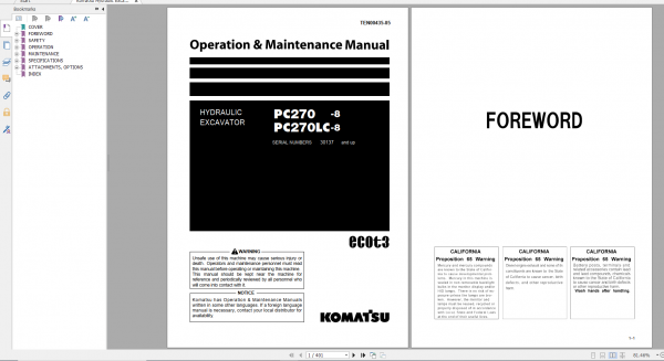 Komatsu Hydraulic Excavator PC270 8 PC270LC 8 Operation Maintenance Manual TEN00435 05 2019