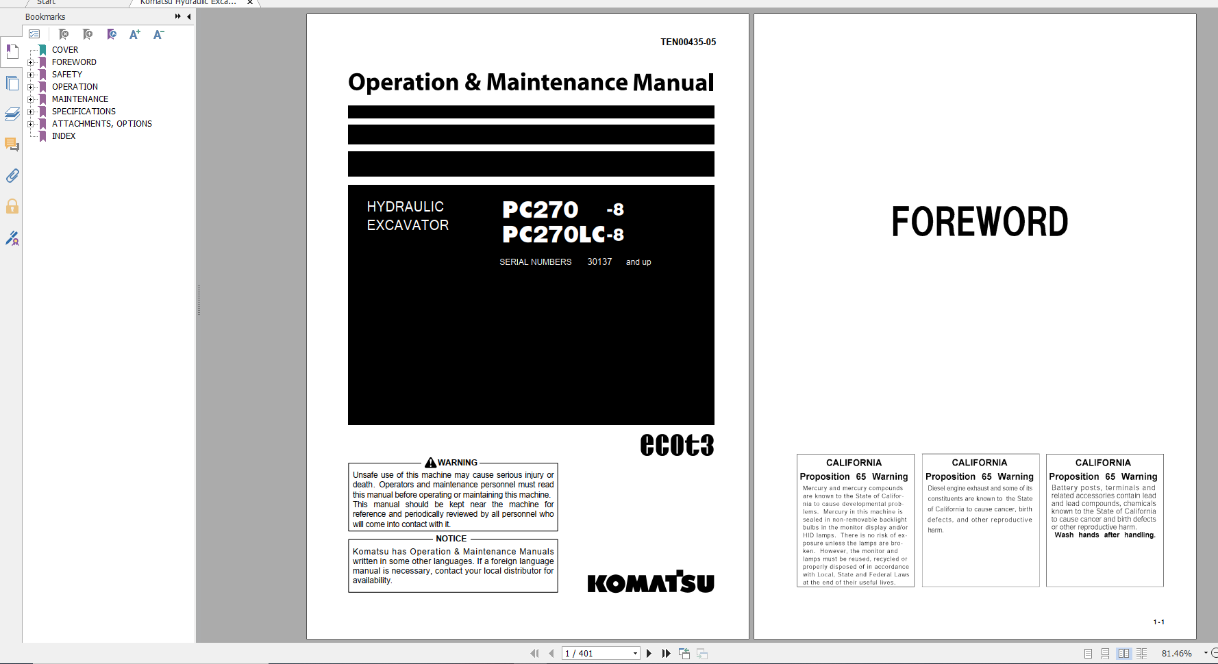 Komatsu Hydraulic Excavator PC270 8 PC270LC 8 Operation Maintenance Manual TEN00435 05 2019
