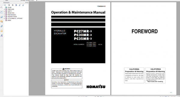 Komatsu Hydraulic Excavator PC27MR 2 PC30MR 3 PC35MR 3 Operation Maintenance Manual TEN00664 03