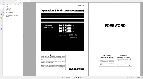 Komatsu Hydraulic Excavator PC27MR 3 PC30MR 3 PC35MR 3 Operation Maintenance Manual TEN00551 00