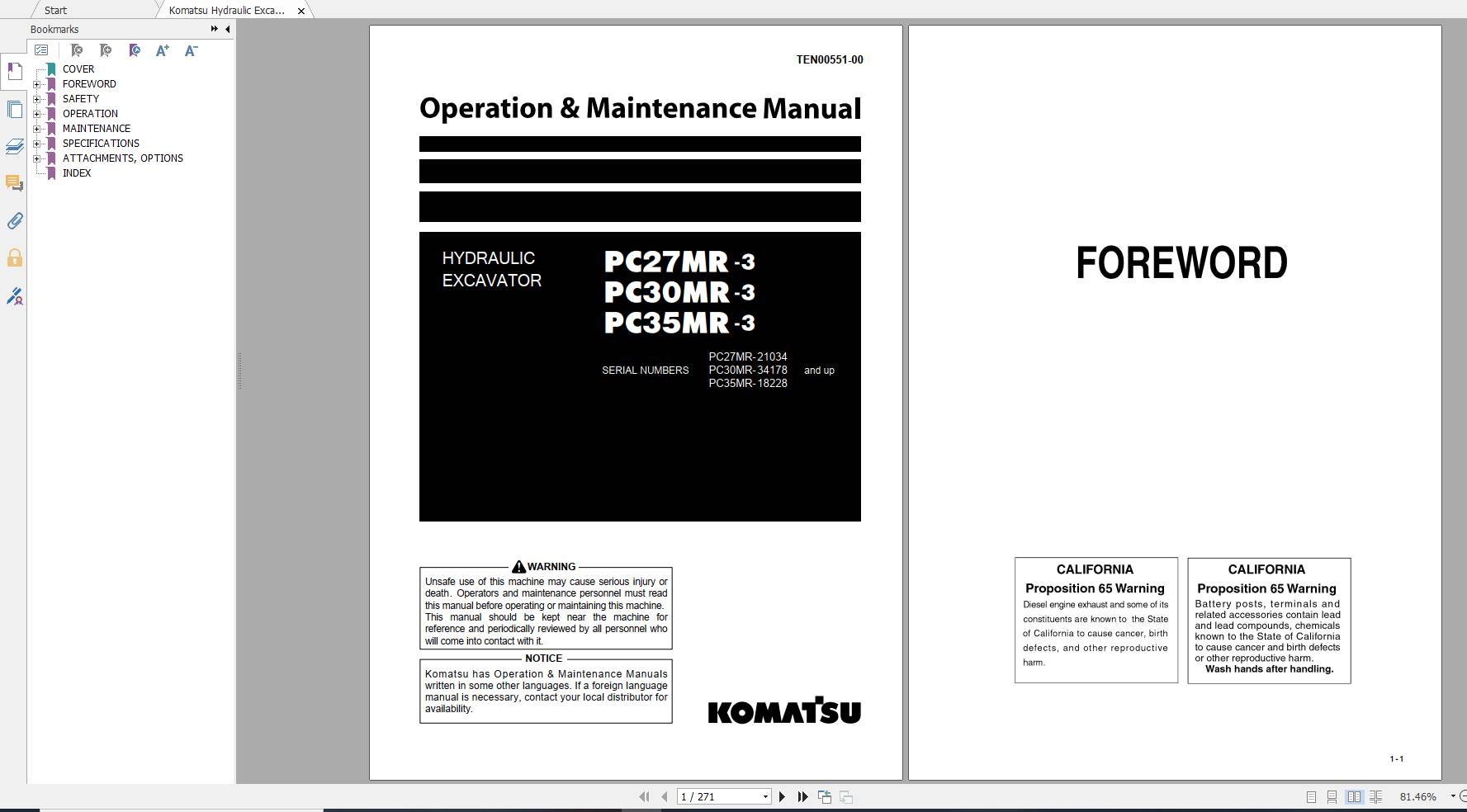 Komatsu Hydraulic Excavator PC27MR 3 PC30MR 3 PC35MR 3 Operation Maintenance Manual TEN00551 00