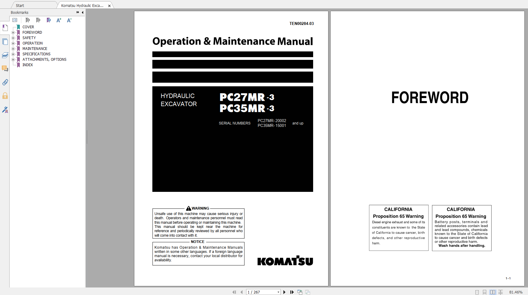 Komatsu Hydraulic Excavator PC27MR 3 PC35MR 3 Operation Maintenance Manual TEN00284 03 2009