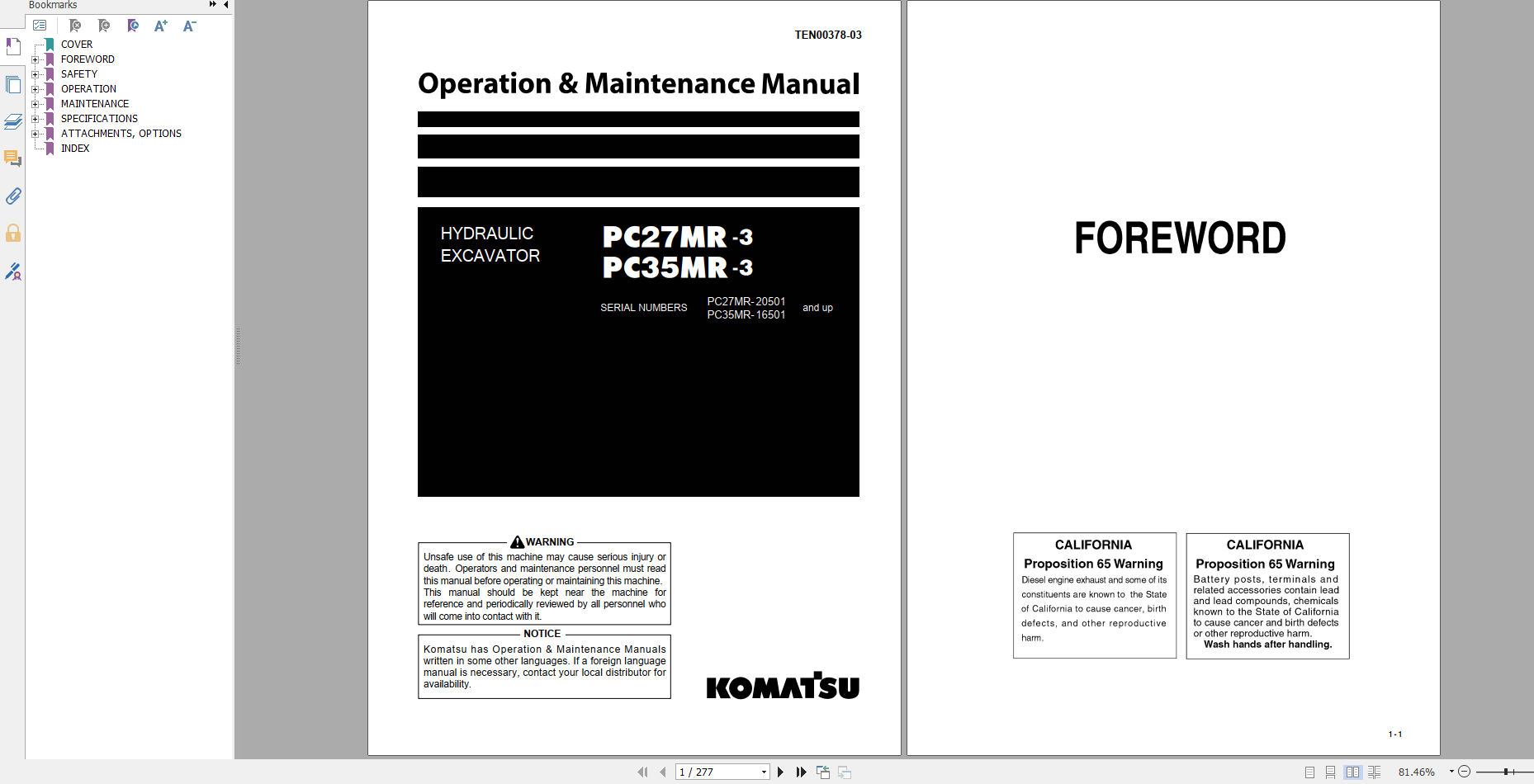 Komatsu Hydraulic Excavator PC27MR 3 PC35MR 3 Operation Maintenance Manual TEN00378 03 2010