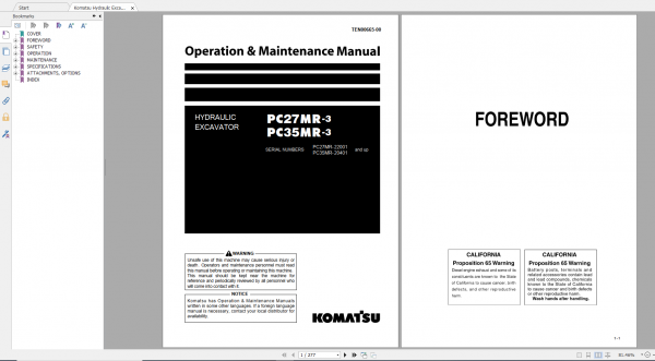 Komatsu Hydraulic Excavator PC27MR 3 PC35MR 3 Operation Maintenance Manual TEN00665 00 2014