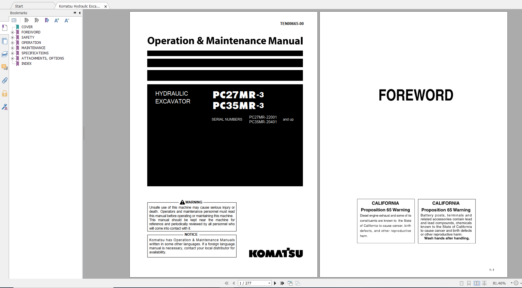 Komatsu Hydraulic Excavator PC27MR 3 PC35MR 3 Operation Maintenance Manual TEN00665 00 2014