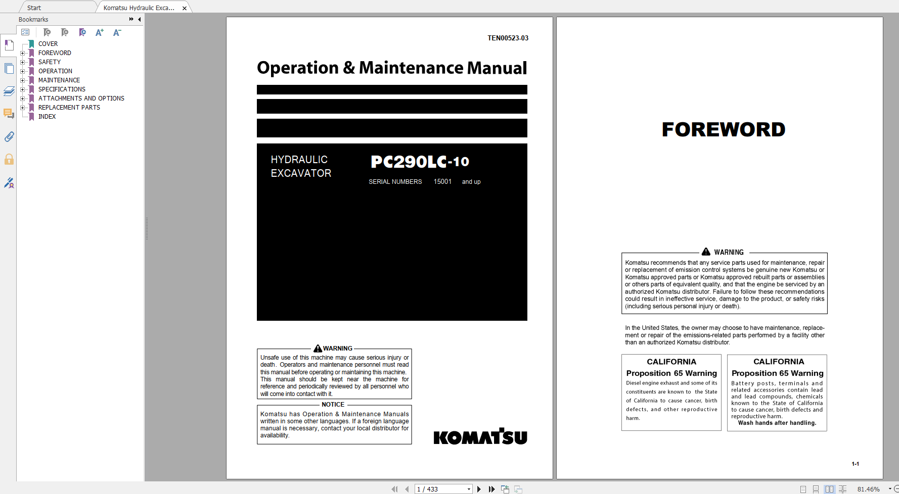 Komatsu Hydraulic Excavator PC290LC 10 Operation Maintenance Manual TEN00523 03 2016
