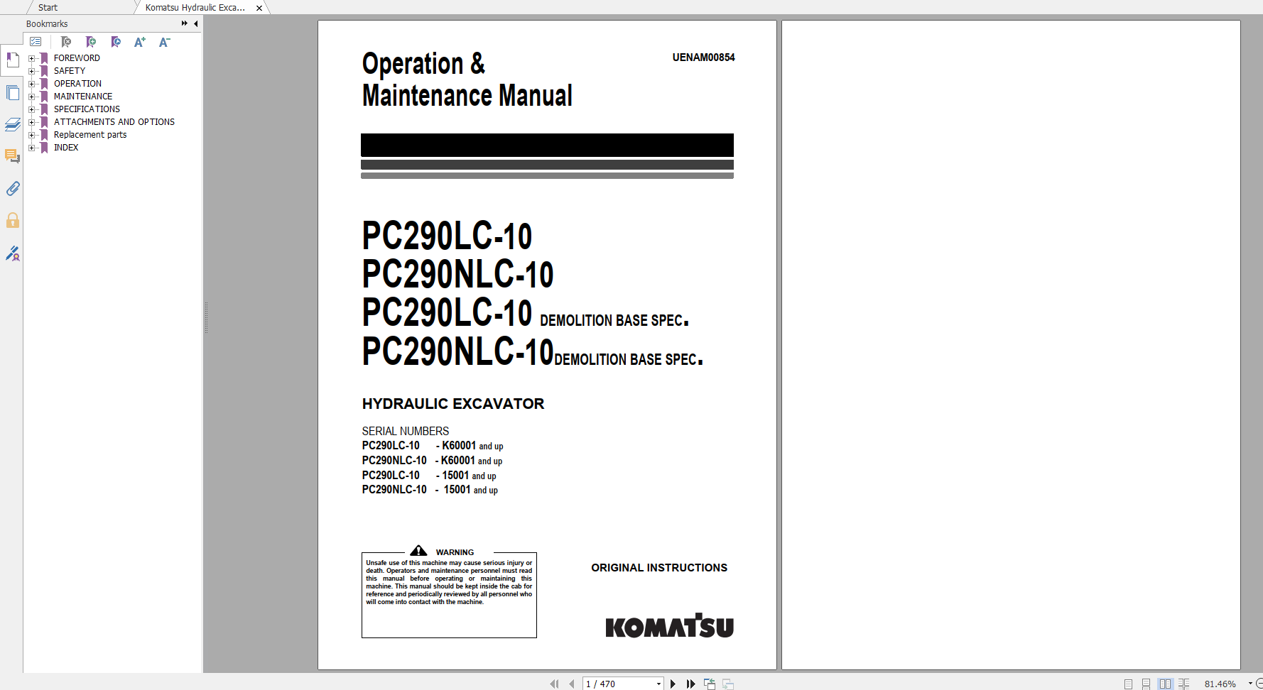 Komatsu Hydraulic Excavator PC290LC 10 PC290NLC 10 Operation Maintenance Manual UENAM00854 2013