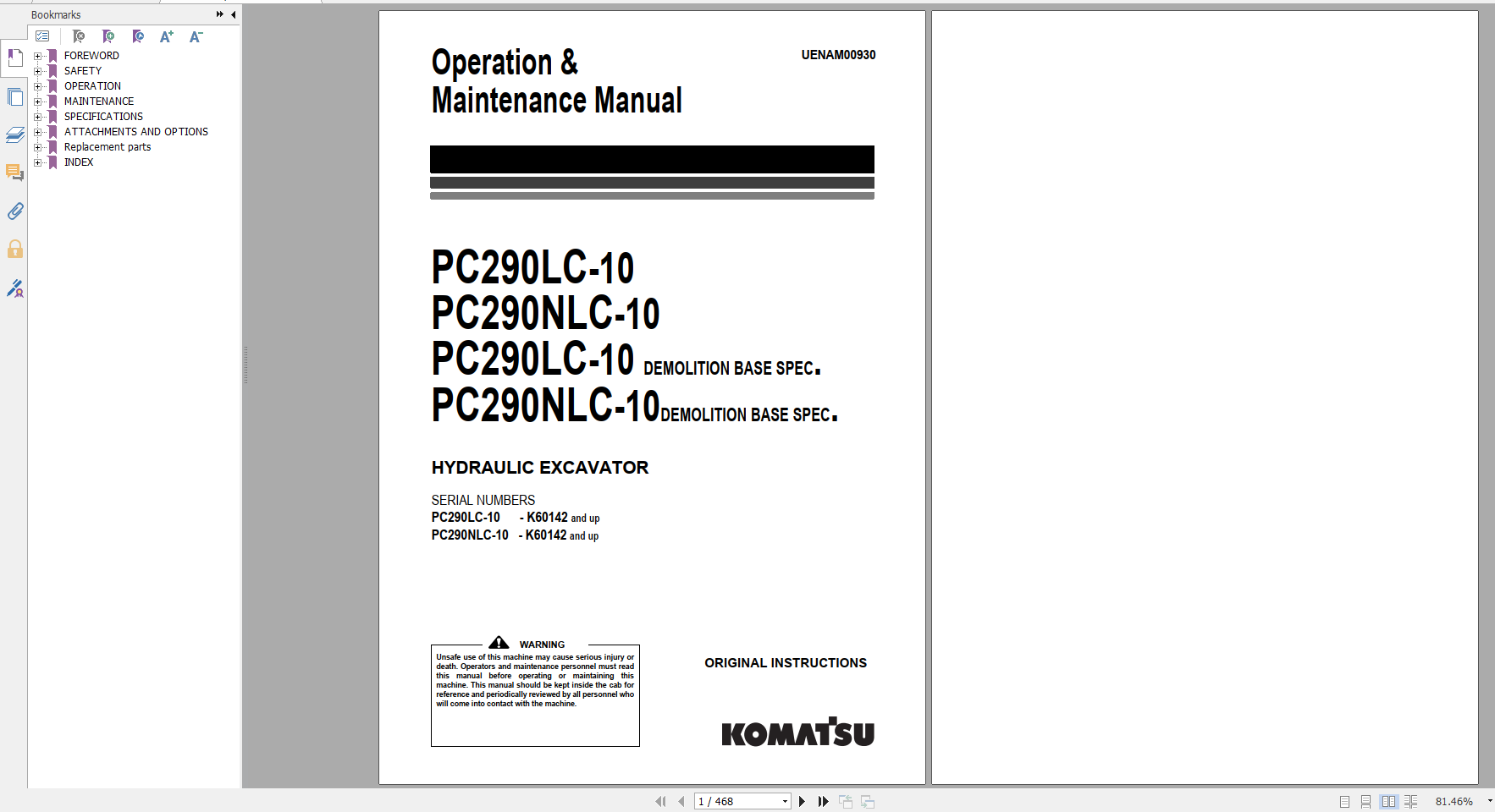 Komatsu Hydraulic Excavator PC290LC 10 PC290NLC 10 Operation Maintenance Manual UENAM009