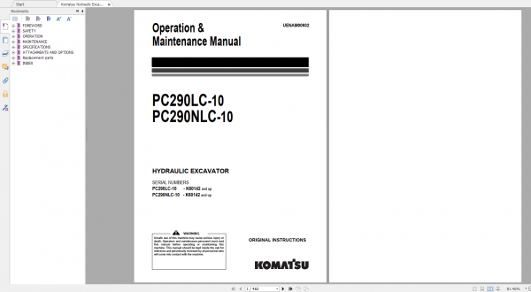 Komatsu Hydraulic Excavator PC290LC 10 PC290NLC 10 Operation Maintenance Manual UENAM00932 2016
