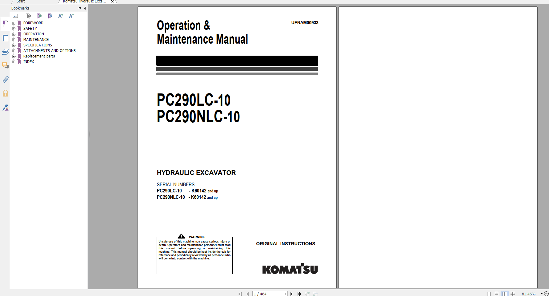 Komatsu Hydraulic Excavator PC290LC 10 PC290NLC 10 Operation Maintenance Manual UENAM00933 2017