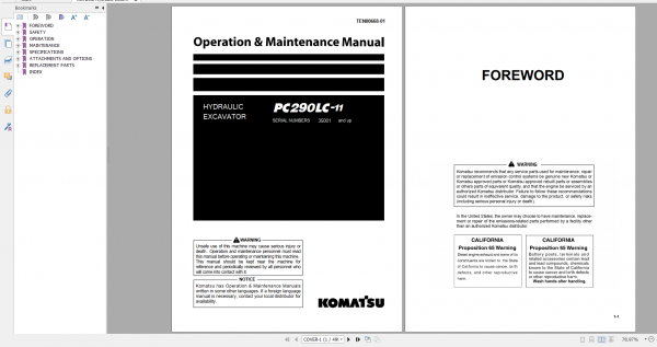 Komatsu Hydraulic Excavator PC290LC 11 Operation Maintenance Manual TEN00668 01 2014