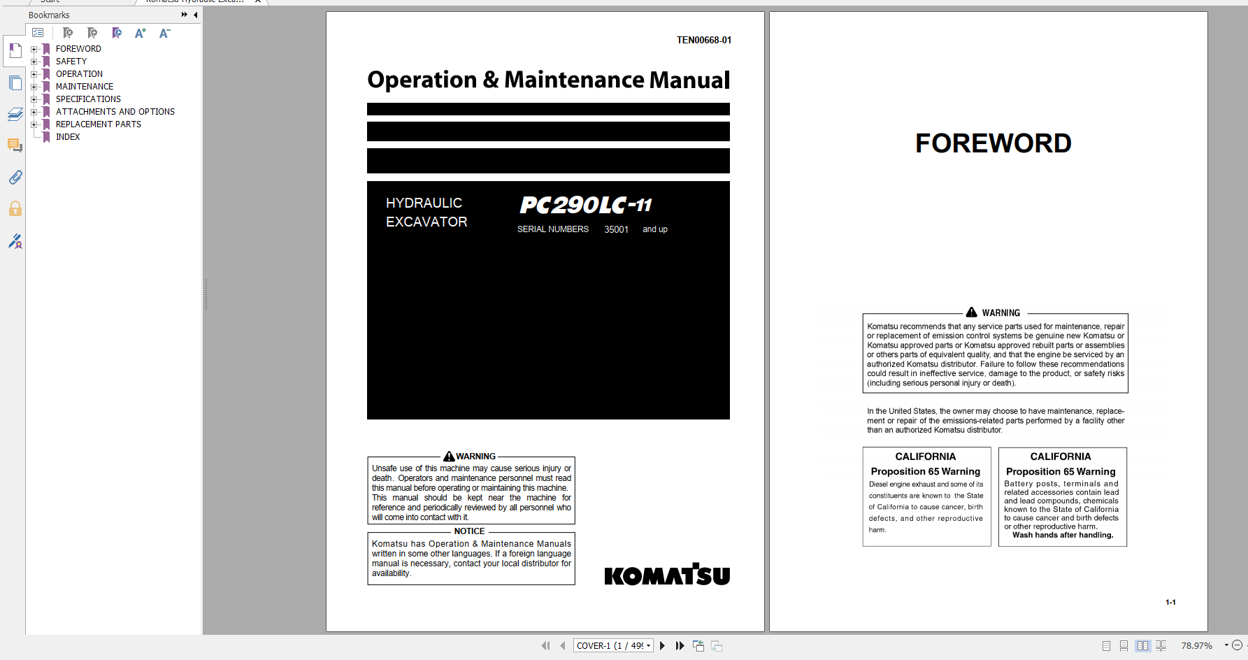 Komatsu Hydraulic Excavator PC290LC 11 Operation Maintenance Manual TEN00668 01 2014